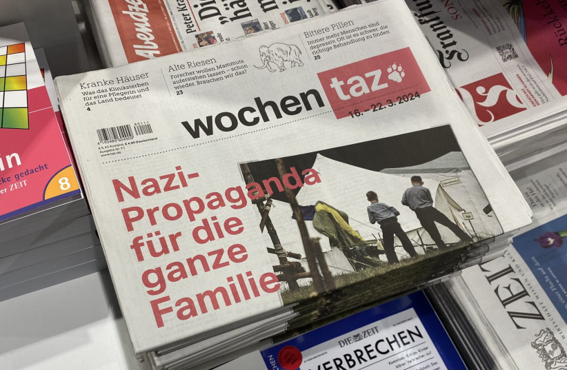 Germany's Wochen Taz newspaper for the week of March 16-22, 2024. The headline story reads “Nazi Propaganda for the Whole Family,” March 17, 2024. (credit: Aaron Poris/The Media Line)