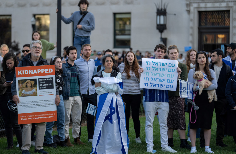  Pro-Israel students take part in a protest in support of Israel amid the ongoing conflict in Gaza, at Columbia University in New York City, U.S., October 12, 2023 (credit: REUTERS/JEENAH MOON)
