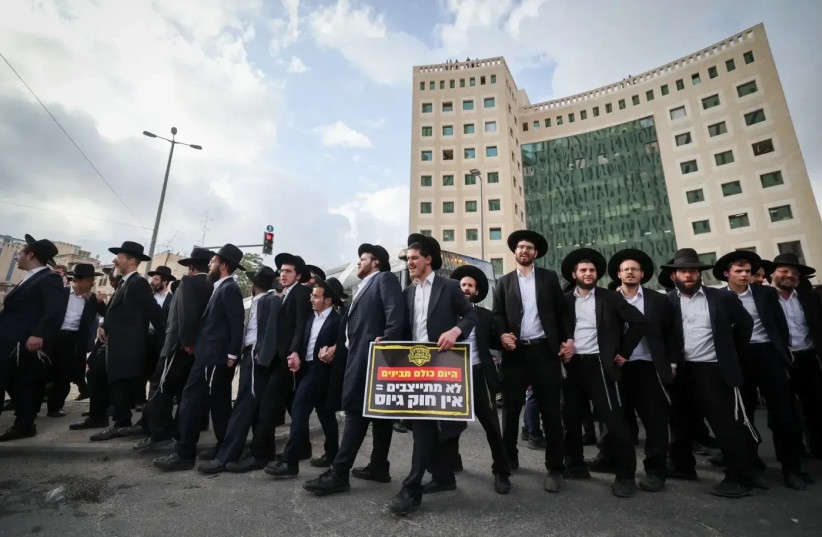   Haredi demonstrations against the conscription, last month / l (credit: Yonatan Zindel/Flash90)