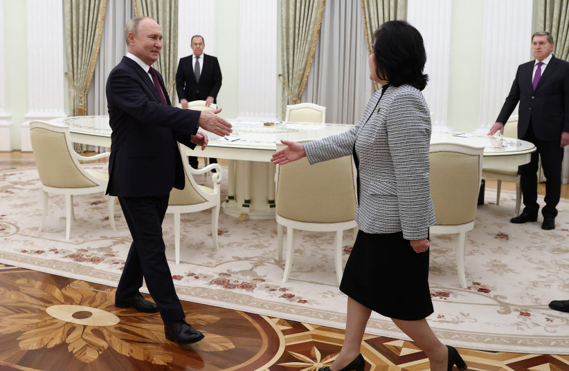  Russian President Vladimir Putin meets North Korean Foreign Minister Choe Son Hui in Moscow, Russia, January 16, 2024. (credit: VIA REUTERS)