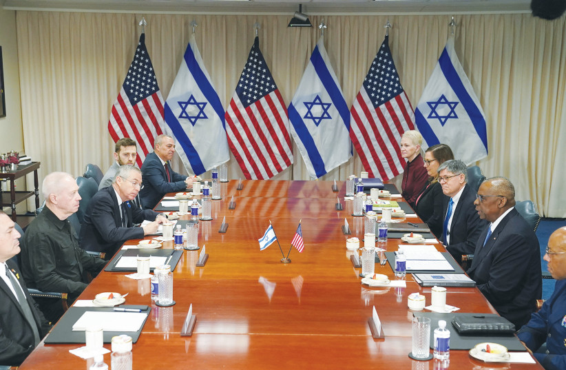  Delegations led by Defense Minister Yoav Gallant and US Defense Secretary Lloyd Austin meet at the Pentagon, on Tuesday. (credit: KEVIN LAMARQUE/REUTERS)