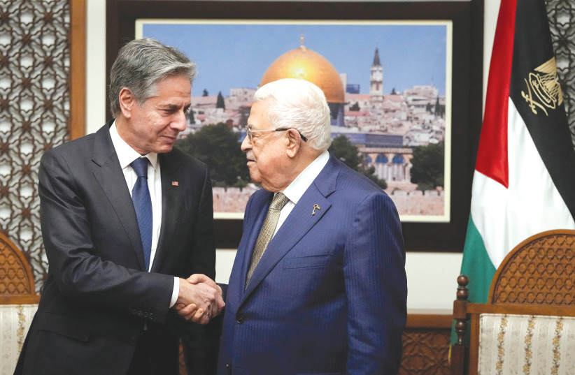  US Secretary of State Antony Blinken meets PA head Mahmoud Abbas in Ramallah, in February. The US mistakenly thinks that giving Palestinian leaders a vision for the future of two states will do away with the Palestinian desire to eliminate Israel, says the writer. (credit: Mark Schiefelbein/Reuters)