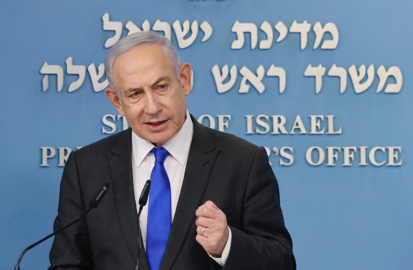  Israeli prime minister Benjamin Netanyahu speaks during a press conference in Jerusalem on March 31, 2024. (credit: MARC ISRAEL SELLEM/POOL)