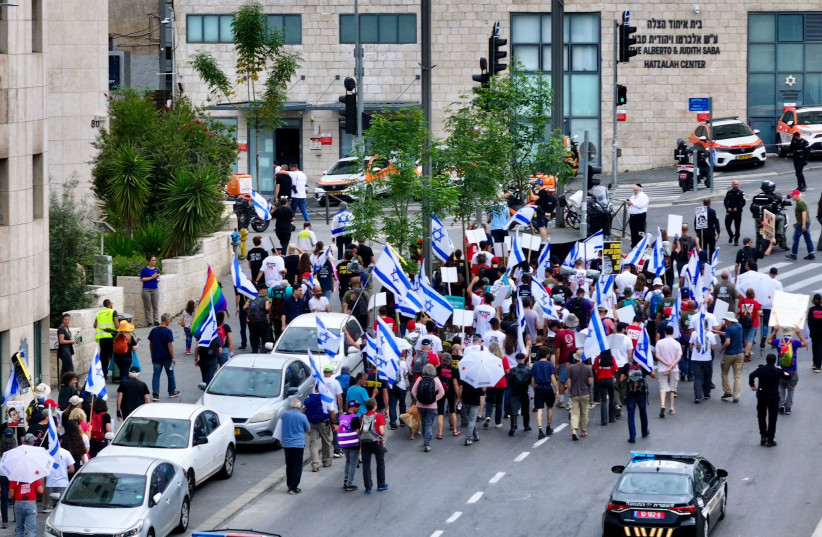  Protesters gather in front of the offices of Sephardi Chief Rabbi Yitzhak Yosef. April 2, 2024 (credit: AMIR TERKEL)