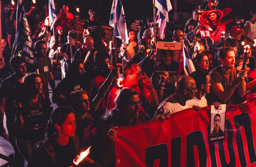  Protesters demonstrating for the return of the hostages in Jerusalem, April 3, 2024.  (credit: LIAM FORBERG)