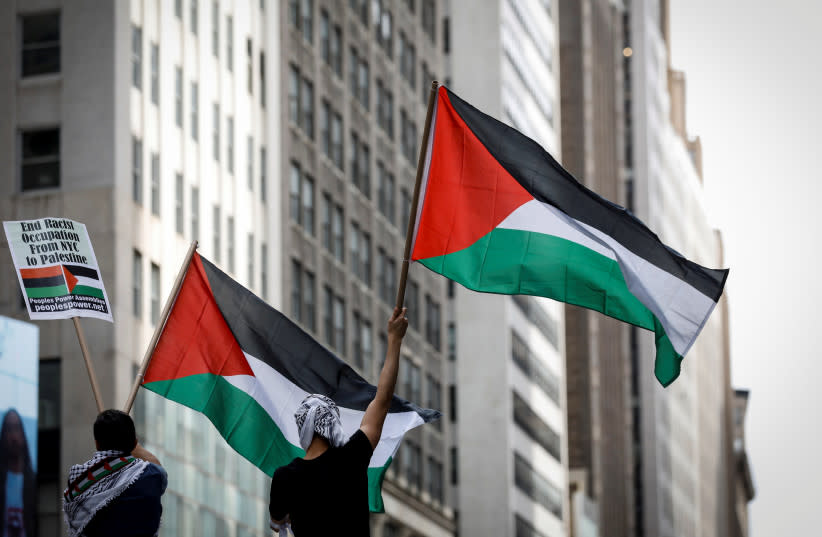  Manifestantes participan en una concentración a favor de Palestina en Nueva York, Estados Unidos, 18 de mayo de 2018. (credit: REUTERS/BRENDAN MCDERMID)