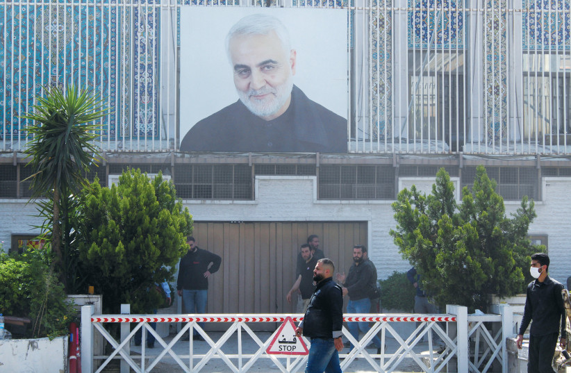  A PICTURE of previously assassinated senior Iranian military commander Gen. Qasem Soleimani is placed on the Iranian Embassy building in Damascus after a suspected Israeli strike on Iran’s adjacent consulate killed key Quds Force figures.  (credit: FIRAS MAKDESI/REUTERS)