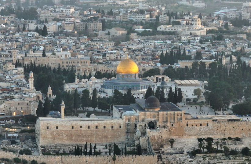 A drone view shows the Dome of the Rock on the Temple Mount, at sunrise on the last Friday of Ramadan, amid the ongoing conflict between Israel and Hamas, in Jerusalem's Old City April 5, 2024. (credit: ILAN ROSENBERG/REUTERS)