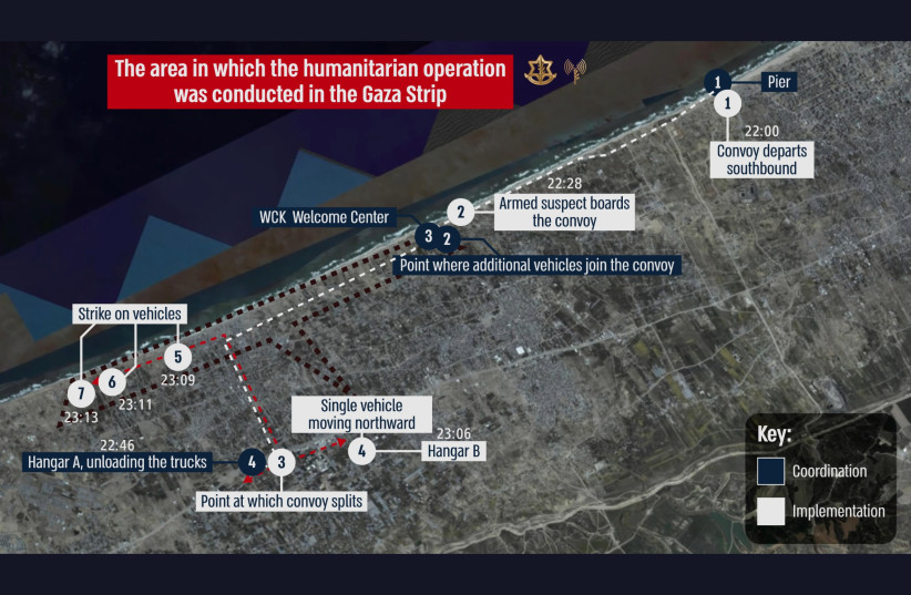  An IDF infographic showing the area in which the strike on the World Central Kitchen aid convoy occurred. (credit: IDF SPOKESPERSON'S UNIT)