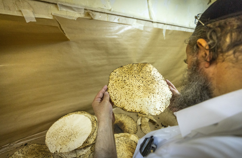  Ultra Orthodox Jews prepare Matza, traditional unleavened bread eaten during the 8-day Jewish holiday of Passover, in Jerusalem on April 9, 2024.  (credit: CHAIM GOLDBEG/FLASH90)