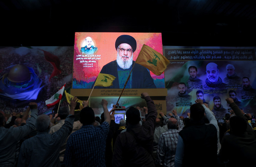  Lebanon's Hezbollah leader Sayyed Hassan Nasrallah gives a televised address to mark one week since a suspected Israeli strike on Iran's consulate in Damascus that killed several Iranian Quds Force figures, including a top commander, in Beirut's southern suburbs, Lebanon April 8, 2024.  (credit: REUTERS/MOHAMED AZAKIR)