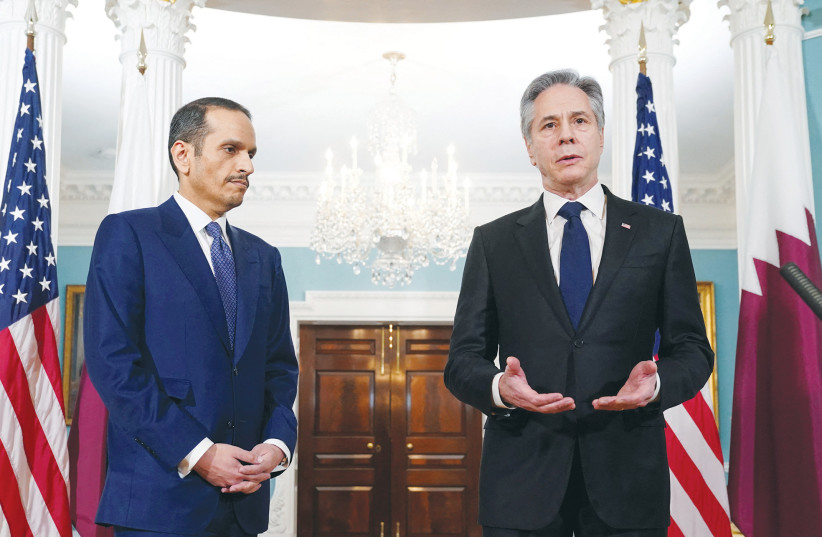  US SECRETARY of State Antony Blinken meets with Qatar’s Prime Minister and Foreign Minister Sheikh Mohammed bin Abdulrahman Al Thani in Washington, last month. If Qatar wanted to pressure Hamas, it could have threatened to cut off funding, says the writer.  (credit: KEVIN LAMARQUE/REUTERS)