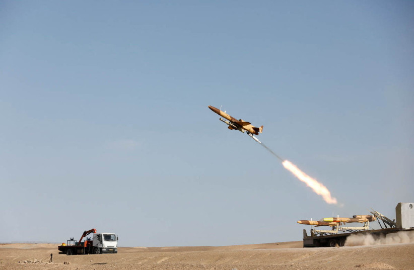  A drone is launched during a military exercise in an undisclosed location in Iran, in this handout image obtained on October 4, 2023. (credit: REUTERS)