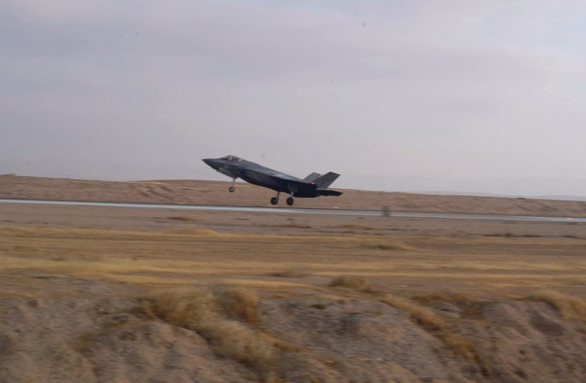  AN ISRAEL Air Force F-35 fighter jet lands at Nevatim airbase in the Negev. Iran’s complete failure to achieve what was probably its main goal, the destruction of the airbase, exemplifies why this was not just a defeat for Iran but a resounding success for Israel and its allies, says the writer.  (credit: IDF/Reuters)