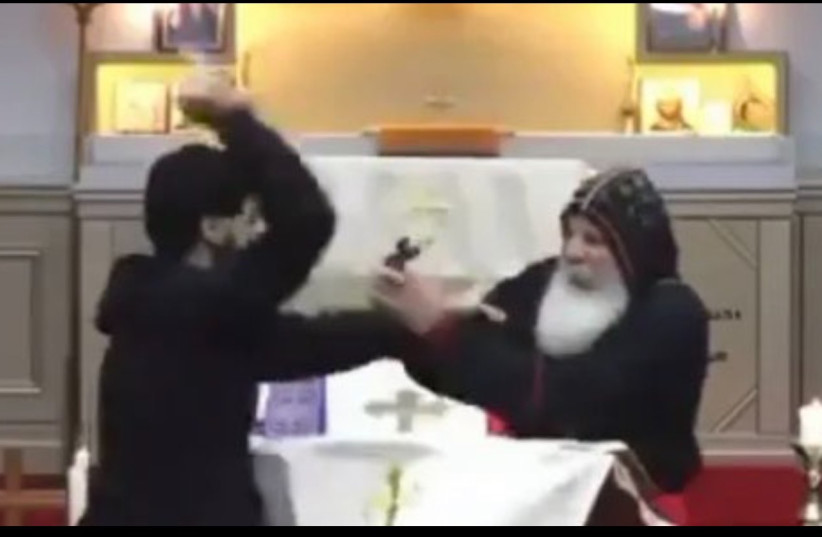  A screenshot from a live-streamed church service, during which Assyrian Bishop Mar Mari Emmanuel was attacked.  (credit: FAIR USE VIA X)