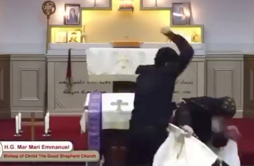  A man stabs Bishop Mar Mari Emmanuel during a church service at Christ The Good Shepherd Church in Wakeley, Sydney, Australia April 15, 2024 in this still image from social media livestream video obtained by REUTERS (credit: REUTERS)