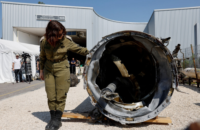 The IDF displays an Iranian ballistic missile which they retrieved from the Dead Sea after Iran launched drones and missiles towards Israel, at Julis military base, in southern Israel April 16, 2024. (credit: REUTERS/AMIR COHEN)