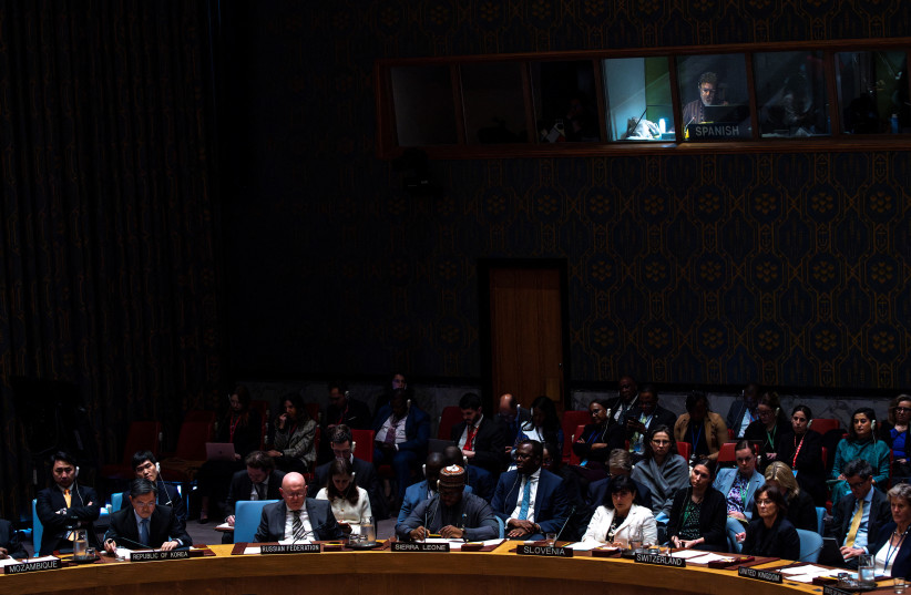  An interpreter works while members of the United Nations Security Council hold a meeting to address the situation in the Middle East, including the Palestinian question, at UN headquarters in New York City, New York, U.S., April 18, 2024. (credit: REUTERS/EDUARDO MUNOZ)
