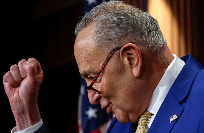  US Senate Majority Leader Chuck Schumer (D-NY) holds a press conference after the Senate passed a $95 billion aid package for Ukraine, Israel and Taiwan, at the U.S. Capitol in Washington, US, February 13, 2024.  (credit: REUTERS/EVELYN HOCKSTEIN)