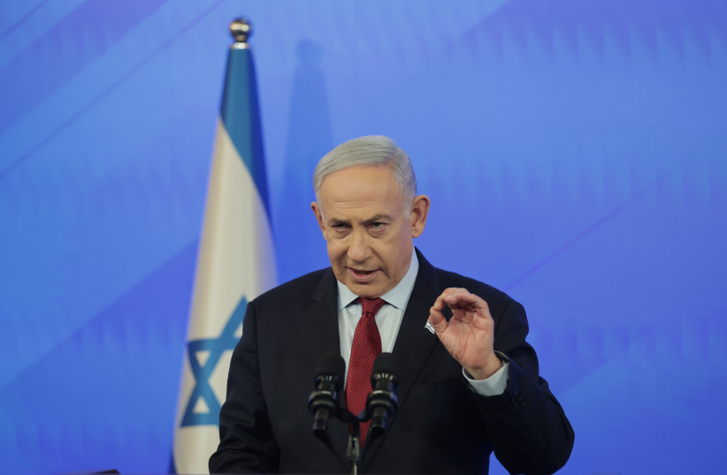  Israeli prime minister Benjamin Netanyahu holds a press conference at the Ministry of Defense in Tel Aviv on February 29, 2024.  (credit: NIMROD KLIKMAN/POOL)