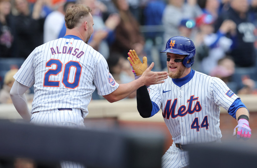  Apr 17, 2024; New York City, New York, USA; New York Mets center fielder Harrison Bader (44) celebrates his two run home run against the Pittsburgh Pirates with first baseman Pete Alonso (20) during the sixth inning at Citi Field. (credit: Brad Penner-USA)