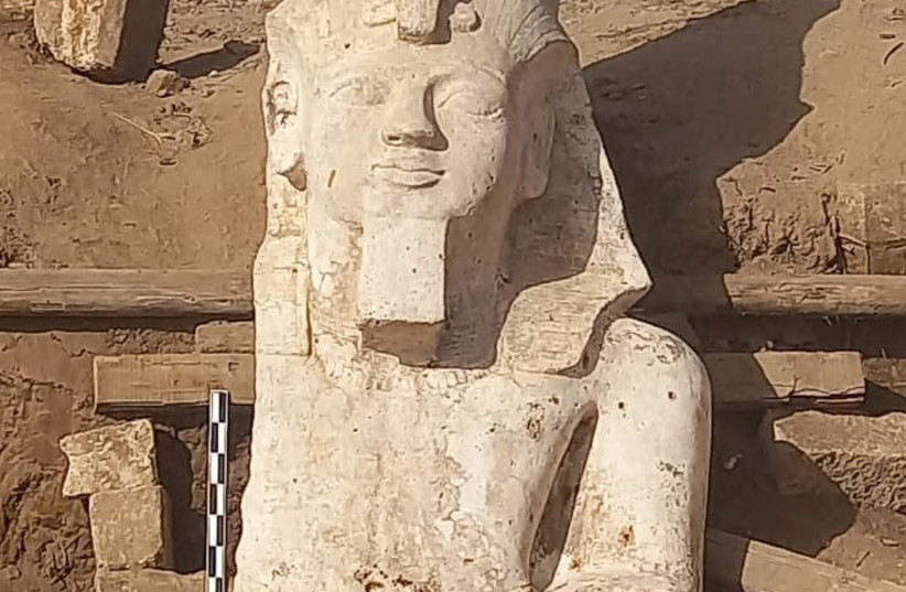 A section of a limestone statue of Ramses II unearthed by an Egyptian-U.S. archaeological mission in El Ashmunein, south of the Egyptian city of Minya, Egypt in this handout image released on March 4, 2024. (credit: The Egyptian Ministry of Antiquities/Handout)
