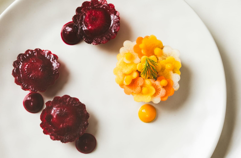  An item on the menu announced on April 21, 2024 by the Laniado Hospital in Netanya: Gefilte fish with beetroot ravioli. (credit: Ina David)