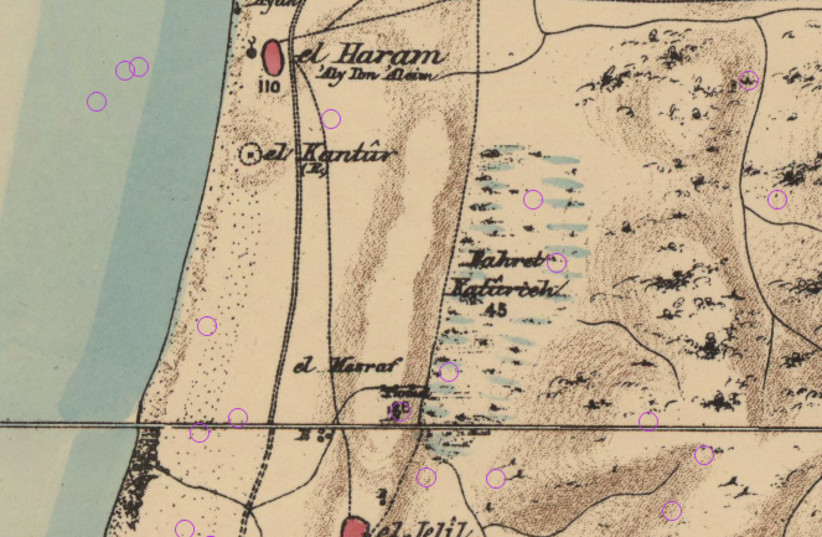  APPROXIMATE SITE of the event from the 1880 British Palestine Exploration Fund survey map. (credit: PEF 1880)