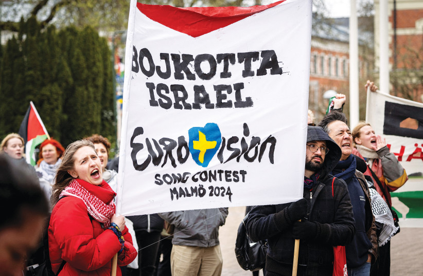  DEMONSTRATORS IN Malmo, Sweden, protest Israel’s participation in the Eurovision, earlier this month.  (credit: Johan Nilsson TT News Agency/Reuters)