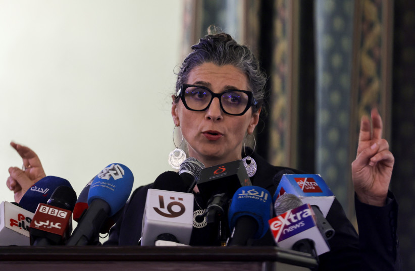  Francesca Albanese, UN special rapporteur on human rights in the Palestinian territories, attends a press conference following a meeting with Egyptian delegations to discuss the situation in the Palestinian territories, amid the conflict between Israel and Hamas, in Cairo. April 25, 2024. (credit: REUTERS/AMR ABDALLAH DALSH)
