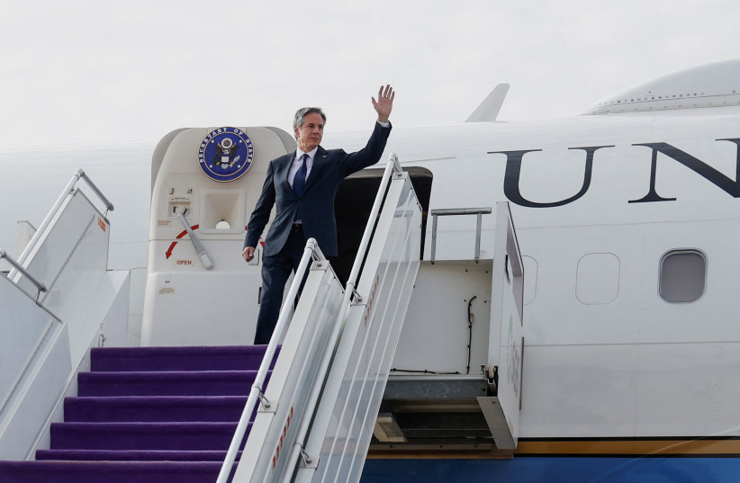  US Secretary of State Antony Blinken gestures while he deboards an airplane as he visits Saudi Arabia in the latest Gaza diplomacy push, in Riyadh, Saudi Arabia April 29, 2024. (credit: REUTERS/EVELYN HOCKSTEIN)