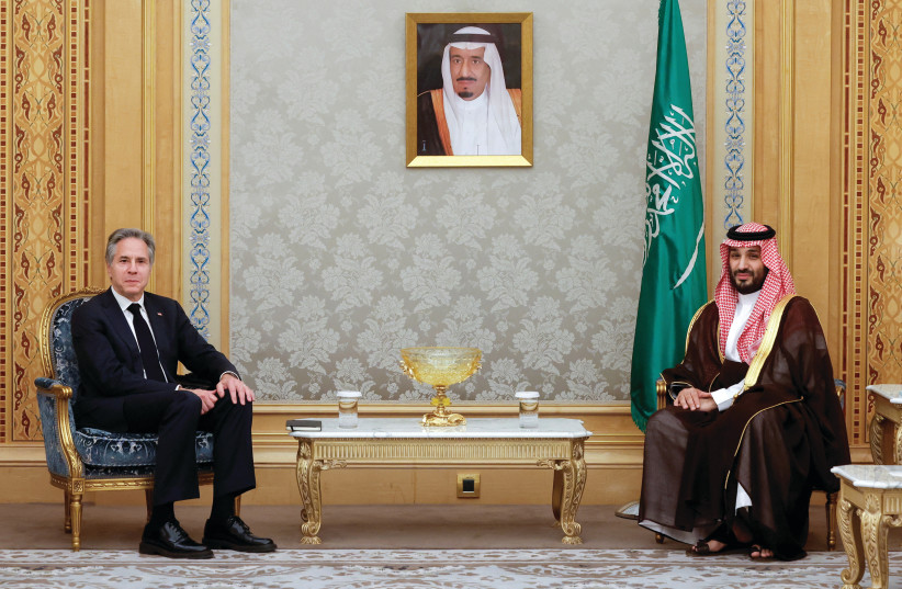  US SECRETARY of State Antony Blinken meets with Saudi Crown Prince and Prime Minister Mohammed bin Salman in Riyadh, on Monday. (credit: EVELYN HOCKSTEIN/REUTERS)