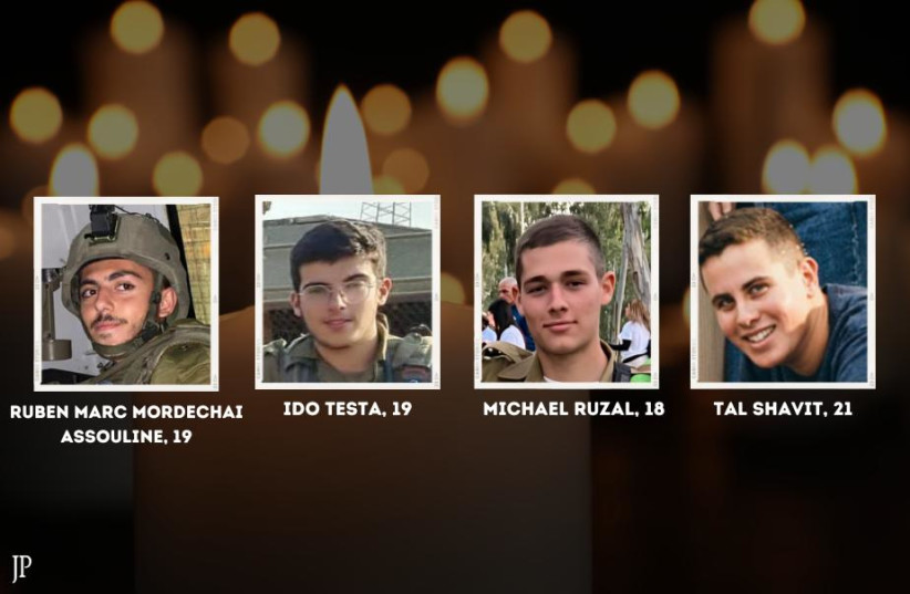 (De izquierda a derecha) Los soldados de las FDI Ruben Marc Mordechai Assouline, Ido Testa, Michael Ruzal y Tal Shavit, que murieron en el ataque con cohetes de Hamás contra la zona de Kerem Shalom. May 5, 2024 (credit: IDF SPOKESPERSON'S UNIT)