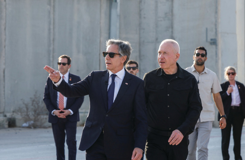  US SECRETARY of State Antony Blinken walks with Defense Minister Yoav Gallant, at the Kerem Shalom border crossing, last week. The US hypocrisy and holier-than-thou attitude toward Israel is truly infuriating, the writer charges.  (credit: EVELYN HOCKSTEIN/REUTERS)
