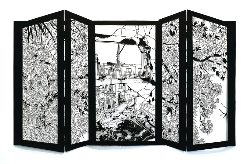   Israeli-born US-based Noa Yekutieli’s delicate papercut ‘Shoji Screen’ invokes the aesthetics and dynamics of Japanese culture, and a sense of tragedy. (credit: AVI AMSALEM)