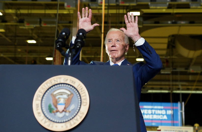 US President Joe Biden delivers remarks during a visit to Gateway Technical College in Sturtevant, Wisconsin, US, May 8, 2024 (credit: REUTERS/KEVIN LAMARQUE)