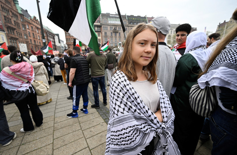  Climate activist Greta Thunberg takes part in the Stop Israel demonstration against Israel's participation in the 68th edition of the Eurovision Song Contest (ESC) in Malmo, Sweden, May 9, 2024. (credit: TT News Agency/Johan Nilsson via REUTERS)
