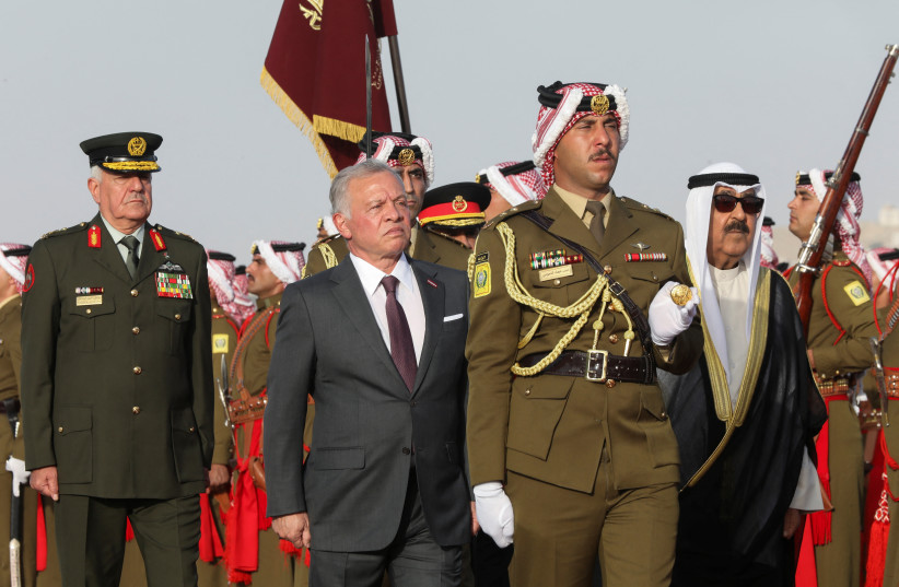  Jordan's King Abdullah welcomes Kuwait's Emir Sheik Meshal al-Ahmad al-Sabah upon his arrival at Marka military airport, in Amman, Jordan April 23, 2024.  (credit: REUTERS/ALAA AL SUKHNI)