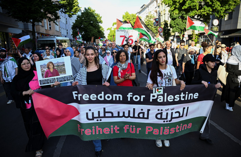  People attend a solidarity rally to mark the 76th anniversary of the ''Nakba'' or ''catastrophe'' to commemorate the mass dispossession of Palestinians in the 1948 war surrounding Israel's creation, amid the ongoing conflict between Israel and Hamas, in Berlin, Germany May 15, 2024. (credit: REUTERS/ANNEGRET HILSE)