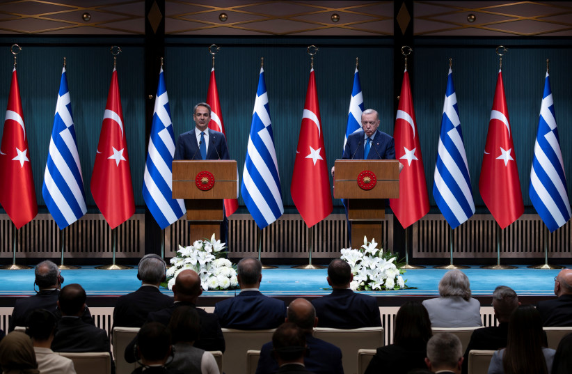  Turkey's President Tayyip Erdogan and Greek Prime Minister Kyriakos Mitsotakis attend a press conference at the Presidential Palace in Ankara, Turkey, May 13, 2024. (credit: REUTERS/UMIT BEKTAS)