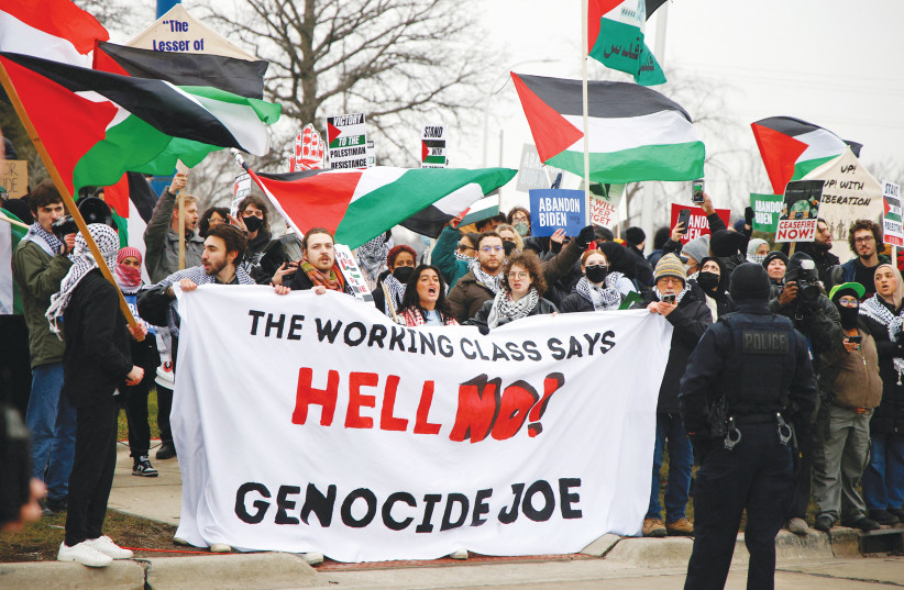  PROTESTERS RALLY for a ceasefire in Gaza, outside an auto workers union hall in Michigan during a visit by President Joe Biden, in February. It’s the Muslims in Minnesota and Michigan who Biden mistakenly believes hold the key to his second term, says the writer.  (credit: REBECCA COOK/REUTERS)