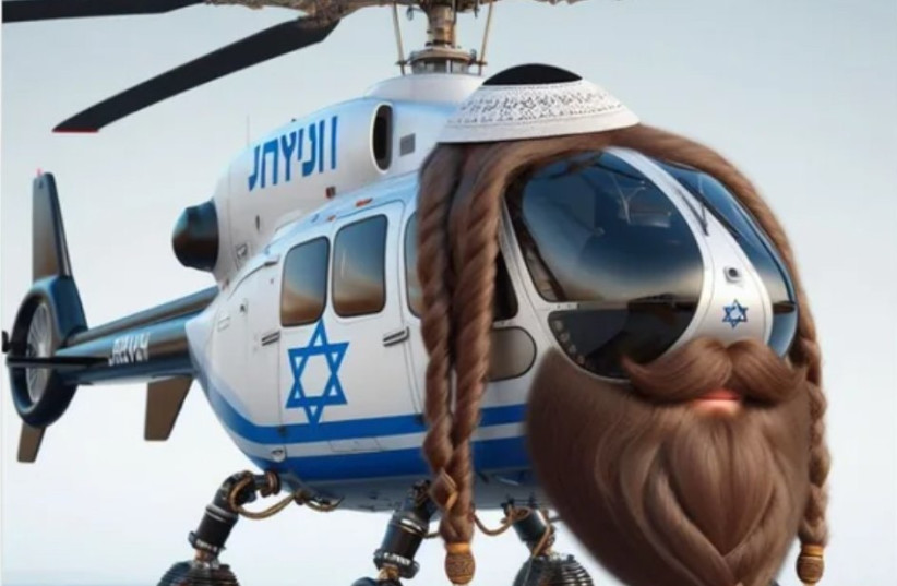 A humorous representation of 'Eli Kopter,' the supposed helicopter on which Iranian President Ebrahim Raisi died in a crash (credit: SCREENSHOT/X)