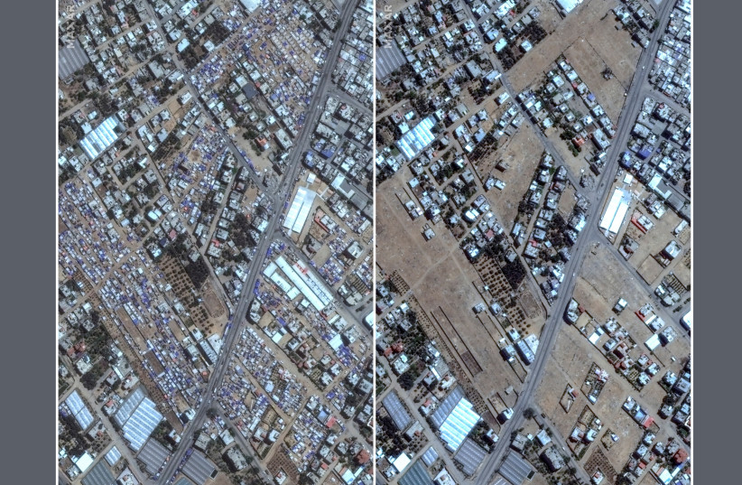  A combination image shows satellite views of shelters before and after they are removed, amid the ongoing conflict between Israel and Hamas, in central Rafah, Gaza, May 4, 2024 (top) and May 15, 2024.  (credit: MAXAR TECHNOLOGIES/HANDOUT VIA REUTERS)