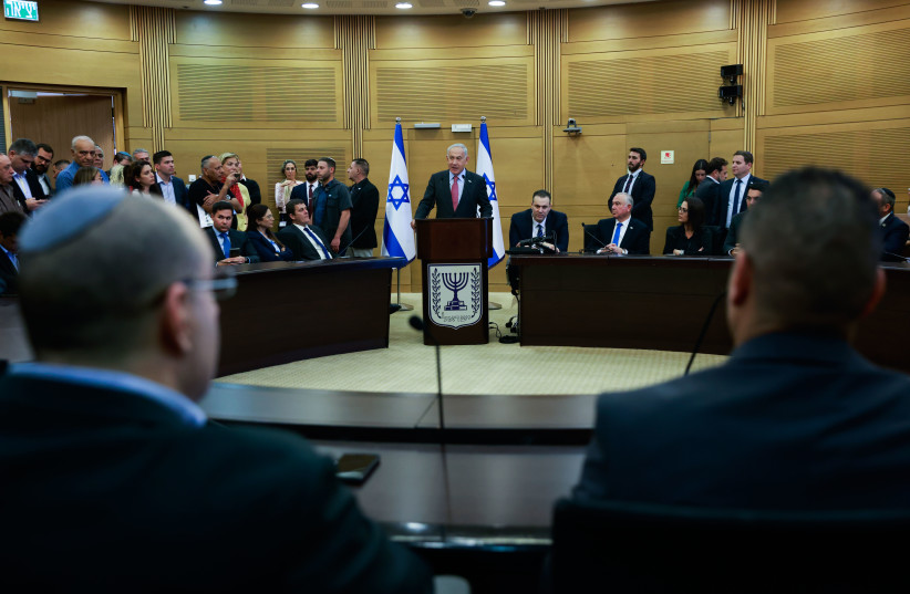  Prime Minister Benjamin Netanyahu leads a Likud party meeting at the Knesset, the Israeli parliament in Jerusalem , March 13, 2023 (credit: ERIK MARMOR/FLASH90)