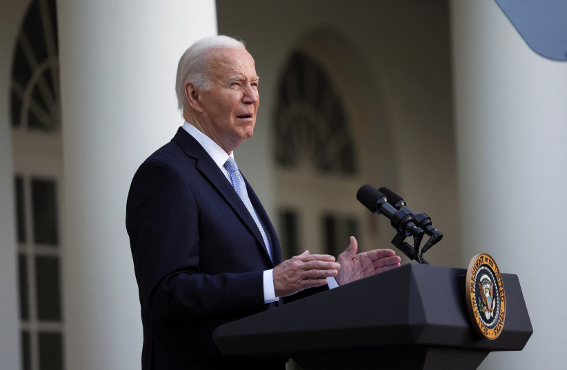  U.S. President Joe Biden delivers remarks, at a celebration for Jewish American Heritage Month, in the Rose Garden at the White House, in Washington, U.S., May 20, 2024. (credit: REUTERS/LEAH MILLIS)