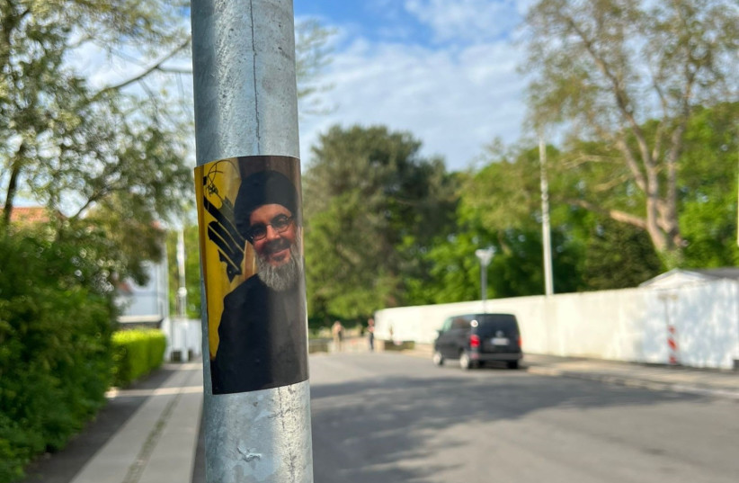  A sticker of Hezbollah secretary-general Hassan Nasrallah was placed on a street pole, allegedly left by the protesters. May 21, 2024. (credit: Israeli embassy in Denmark)