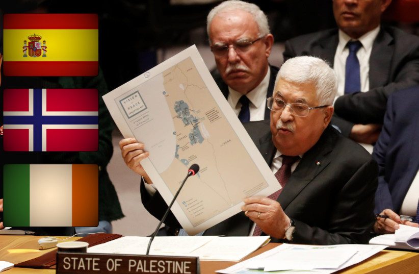 Flags of Spain, Norway and Ireland seen as Mahmoud Abbas speaks at the United Nations (illustrative) (credit: REUTERS, WIKIPEDIA COMMONS)