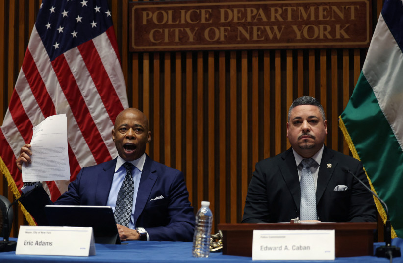 New York City Mayor Eric Adams speaks at a press conference with New York City Police Department (NYPD), May 1, 2024 (credit: REUTERS/MIKE SEGAR)