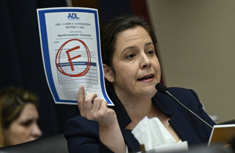  New York Republican U.S. Rep. Elise Stefanik displays the Anti-Defamation League's ''F'' campus report card grade for Northwestern as the presidents of that school, Rutgers, and UCLA testify before the committee on Capitol Hill in Washington DC, May 23, 2024.s (credit:  (Celal Gunes/Anadolu via Getty Images))