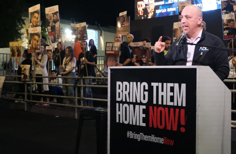 ADL Director Jonathan Greenblatt talks about the rise of antisemitism worldwide at Hostages' Square May 25, 2024. (credit: Adar Eyal)